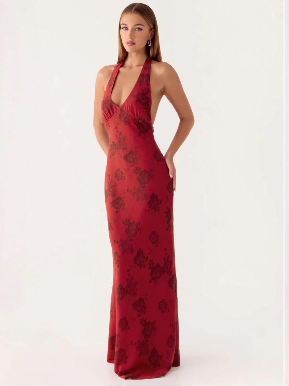 Freja Maxi Dress Halter Tie Long Cherry Rose Floral Open Back Going Out Party 6